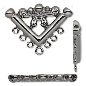 Connector, gunmetal-plated "pewter" (zinc-based alloy), 35x22mm filigree V-shape with 7 loops. Sold per pkg of 2.