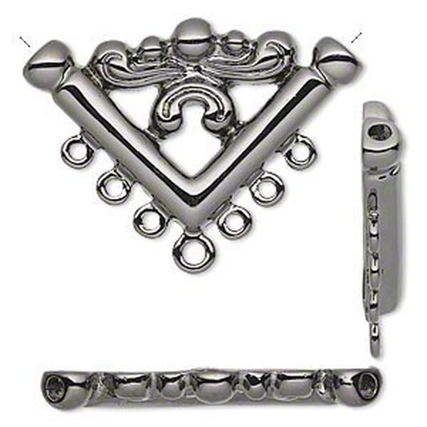 Connector, gunmetal-plated "pewter" (zinc-based alloy), 35x22mm filigree V-shape with 7 loops. Sold per pkg of 2. image number 0