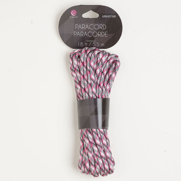 Paracord 1pkg1, nylon, pink / grey / black, 4mm round, 18 feet. image number 0