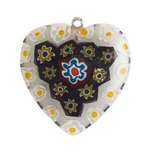 Focal 1pkg1, silver-finished steel / millefiori glass, opaque to transparent multicolored, 32-33mm puffed heart.