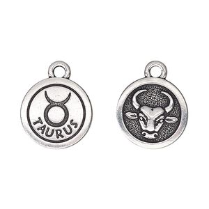 Charm, TierraCast®, antique silver-plated pewter (tin-based alloy), 15mm two-sided flat round with Taurus zodiac sign and symbol. Sold per pkg of 20.