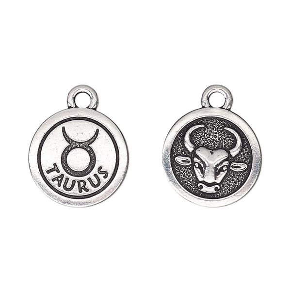 Charm, TierraCast®, antique silver-plated pewter (tin-based alloy), 15mm two-sided flat round with Taurus zodiac sign and symbol. Sold per pkg of 20. image number 0