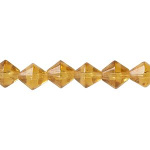 Bead, glass, transparent golden yellow, 6-8mm faceted bicone. Sold per 12-inch strand.
