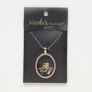 Necklace, glass / enamel / gold-finished "pewter" (zinc-based alloy) / steel, multicolored, 31x25mm oval with mixed designs, 24 inches with lobster claw clasp. Sold individually.