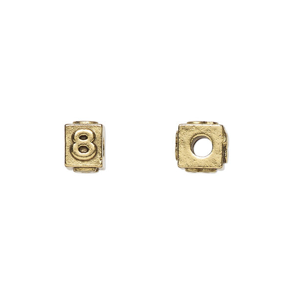 Bead, antique gold-plated pewter (tin-based alloy), 8x6mm rectangle with number "8." Sold per pkg of 4. image number 0
