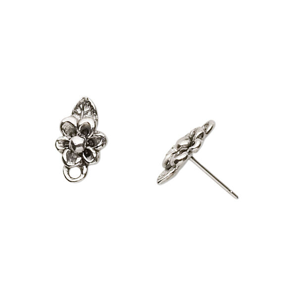 Earstud, stainless steel and pewter (tin-based alloy), pkg/1 pair, antique silver plate, 10x8mm flower and leaf with closed loop. image number 0