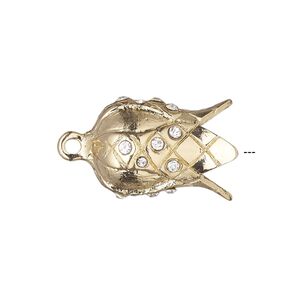 Cord end, glue-in, gold-finished "pewter" (zinc-based alloy) and glass rhinestone, clear, 21x14mm fancy bell, 7mm inside diameter. Sold per pkg of 2.