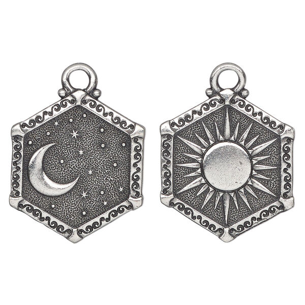 Charm, TierraCast®, "Celestial" collection, pewter (tin-based alloy), 24.5x21.5mm, 2-sided hexagon with sun and moon design. Sold individually. image number 0