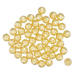 Bead, gold-finished brass, 12mm corrugated oval with cutouts. Sold per pkg of 50.