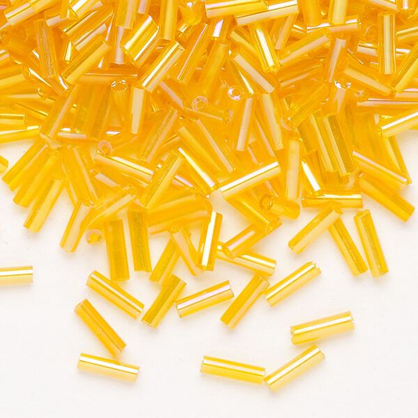 Bead, Ming Tree™, bugle bead, glass, pkg/1/4 pound, 1/4 inch, rainbow translucent orange. image number 0