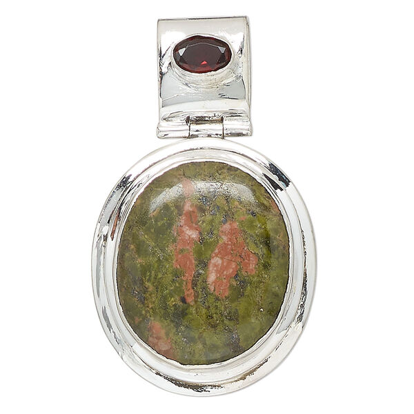 Pendant, unakite (natural) / garnet (natural) / sterling silver, 45x27mm oval. Sold individually. image number 0