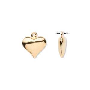 Charm, gold-plated brass, 12x11mm double-sided puffed heart. Sold per pkg of 100.