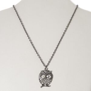 Necklace, glass rhinestone with antique silver-finished steel and "pewter" (zinc-based alloy), clear, 36x28mm owl, 18 inches with 3-inch extender chain and lobster claw clasp. Sold individually.