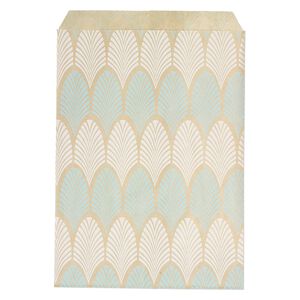 Bag, paper, brown, white and blue, 7x5 inch rectangle with leaf-print and scalloped top edge. Sold per pkg of 100.
