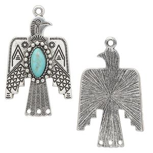 Focal, "turquoise" (resin) (imitation) and antique silver-finished "pewter" (zinc-based alloy), turquoise blue, 33x22mm single-sided thunderbird with 3 loops. Sold individually.