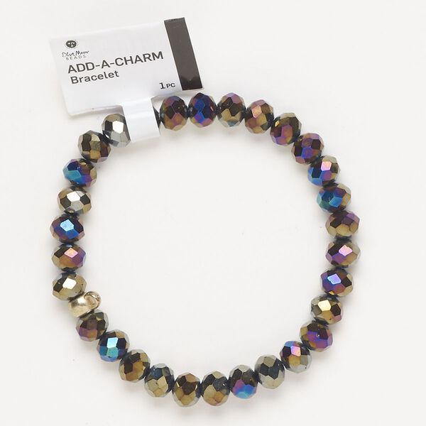 Bracelet, stretch, gold-finished brass and glass, purple bronze AB, 8mm faceted rondelle and 5x6mm rondelle with bottom loop, 6-1/2 inches. Sold individually. image number 0