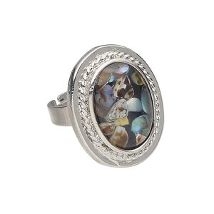 Ring 1pkg1 brass / multi-shell, 26x21mm oval fancy edge, bleached/dyed/assembled silver finish / multicolored