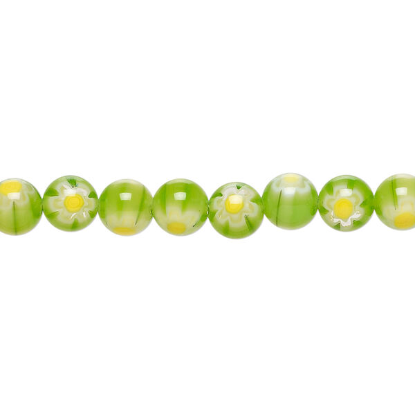 Bead, millefiori glass 1pkg1, translucent green / yellow / white, 6mm round, 15 inches. image number 0