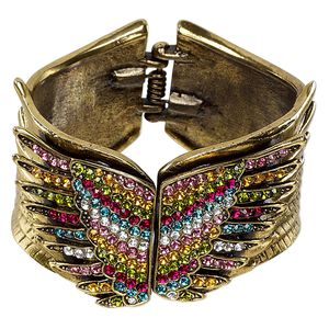 Bracelet, hinged bangle, antique gold-finished "pewter" (zinc-based alloy) and glass rhinestone, multicolored, 45mm wide with double wing design, 6-1/2 inches. Sold individually.