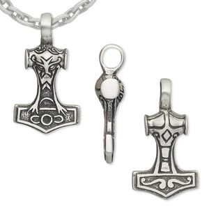 Pendant, Powerful Pewter Pendants, antiqued pewter (tin-based alloy), 44x24mm Thor's hammer with 7mm hole. Sold individually.