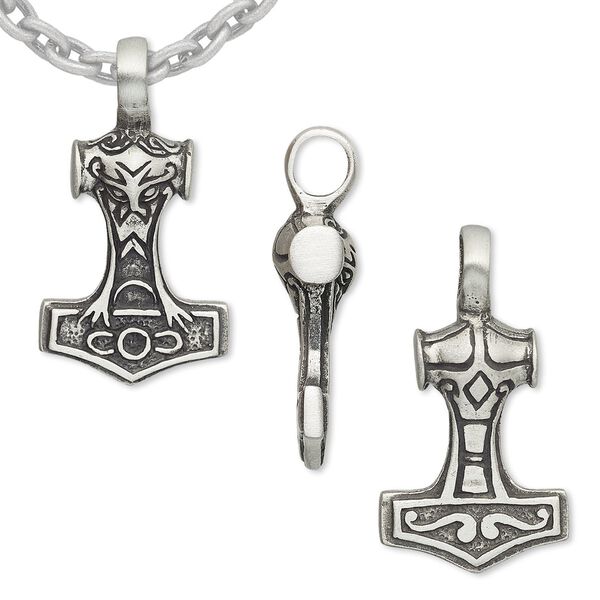 Pendant, Powerful Pewter Pendants, antiqued pewter (tin-based alloy), 44x24mm Thor's hammer with 7mm hole. Sold individually. image number 0