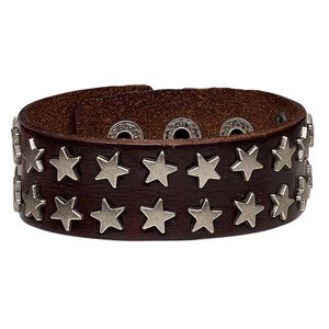 Bracelet, leather (dyed) and silver-plated steel, brown, 27mm wide with star studs, adjustable from 5-1/2 to 7 inches with snap closure. Sold individually.