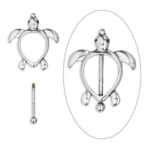 Focal, bead pin, enamel / antique silver-finished brass / "pewter" (zinc-based alloy), black, 47.5x41.5mm single-sided turtle with twist-off top, 24.5mm beadable length. Sold individually.