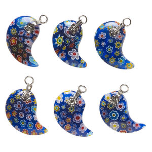 Drop, millefiori glass and silver-finished steel 1pkg6, translucent blue and multicolored, 23x18mm-24x20mm paisley.