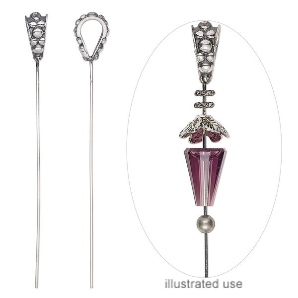 Bail, antiqued sterling silver, 2-1/2 inches with 13.5x6mm teardrop and beaded pattern with 20 gauge pin. Sold individually. image number 0