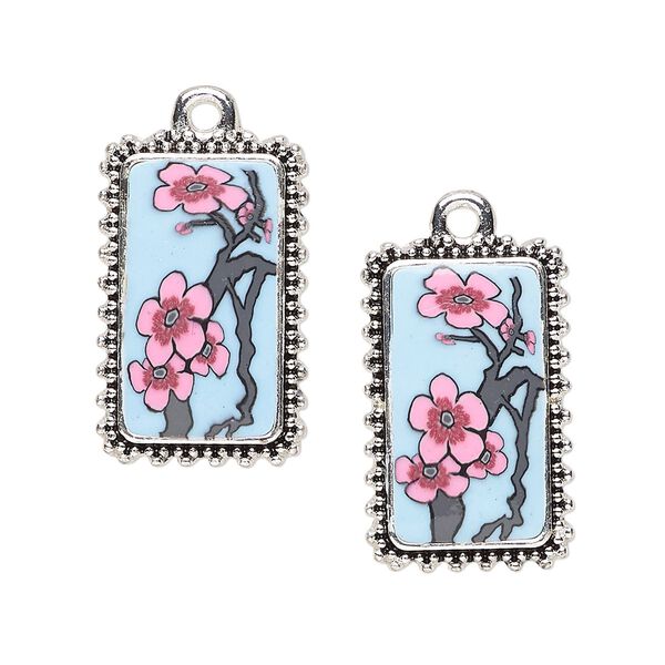 Drop, glazed polymer clay and silver-finished "pewter" (zinc-based alloy), multicolored, 24x15mm single-sided rectangle with plum flower and branch design with beaded edge. Sold per pkg of 2. image number 0