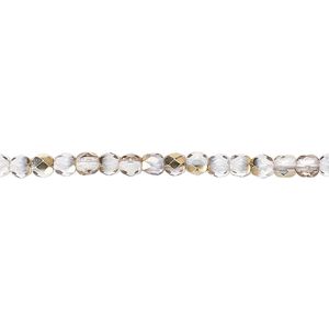 Bead, Czech fire-polished glass, clear and metallic 24Kt gold, 3mm faceted round. Sold per pkg of 1,200 (1 mass).