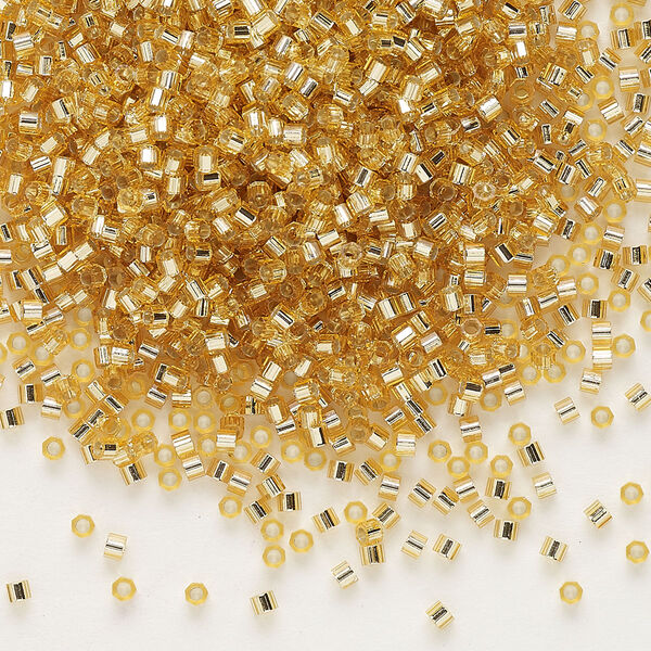 Seed bead, Delica®, glass, pkg/50g, #11 cut, transparent silver-lined gold (DBC-0042). image number 0