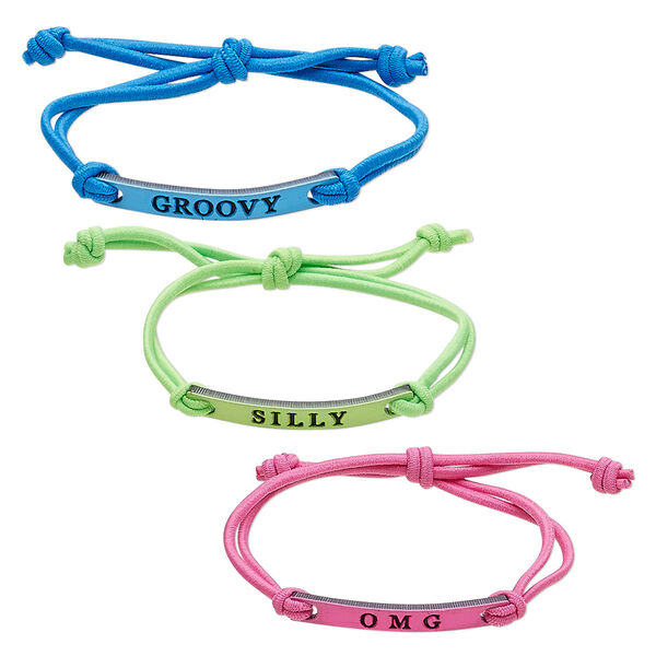 Bracelet, nylon and acrylic, neon blue / neon green / neon pink, 5mm wide with 37x5mm curved rectangle and "OMG" / "SILLY" / "GROOVY," adjustable up to 7-1/2 inches with macramé knot closure. Sold per pkg of 3. image number 0
