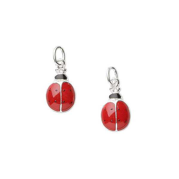 Charm, sterling silver and enamel, red, 10x7mm ladybug. Sold per pkg of 2. image number 0