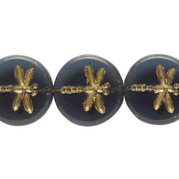 Bead, Preciosa, Czech pressed glass, translucent Montana blue, 17mm flat round with gold-painted dragonfly. Sold per pkg of 12. image number 0