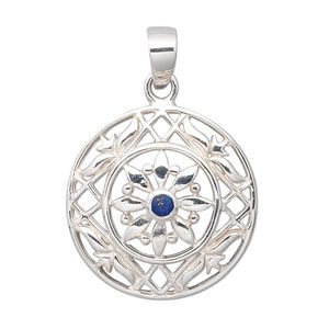 Pendant, lapis lazuli (natural) and sterling silver, 21mm fancy round with cutouts and 3mm round. Sold individually.