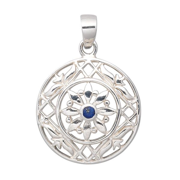 Pendant, lapis lazuli (natural) and sterling silver, 21mm fancy round with cutouts and 3mm round. Sold individually. image number 0