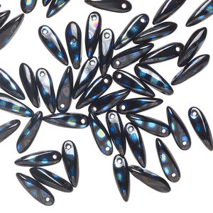 Bead 1pkg50 Czech pressed glass, opaque black and metallic rainbow, 10x3mm top-drilled dagger.