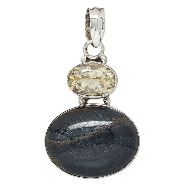 Pendant, tiger iron (natural) / citrine (heated) / sterling silver, 35x27mm oval. Sold individually. image number 0