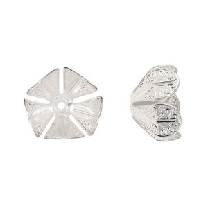 Bead cap, silver-finished copper, 16x10.5mm leaves, fits 12-16mm round bead. Sold per pkg of 10.