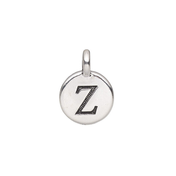 Drop, TierraCast®, antique silver-plated pewter (tin-based alloy), 11.5mm single-sided round with textured alphabet letter "Z." Sold per pkg of 2. image number 0