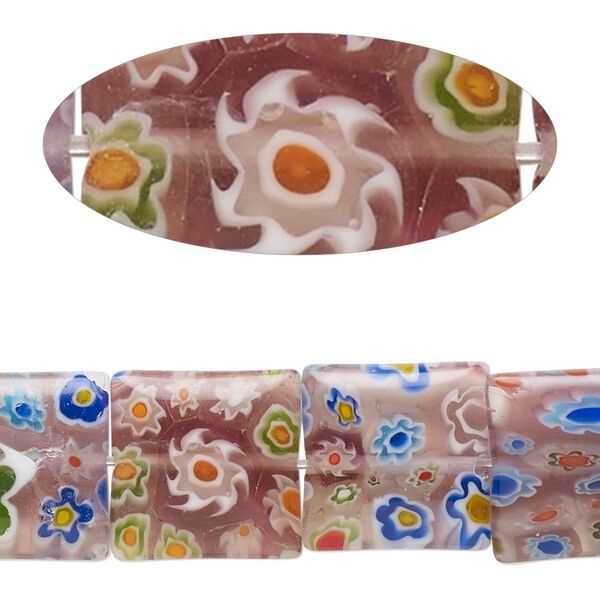 Bead, millefiori glass, translucent pink and multicolored, 13mm-15x14mm puffed square with flower design. Sold per 14-inch strand. image number 0