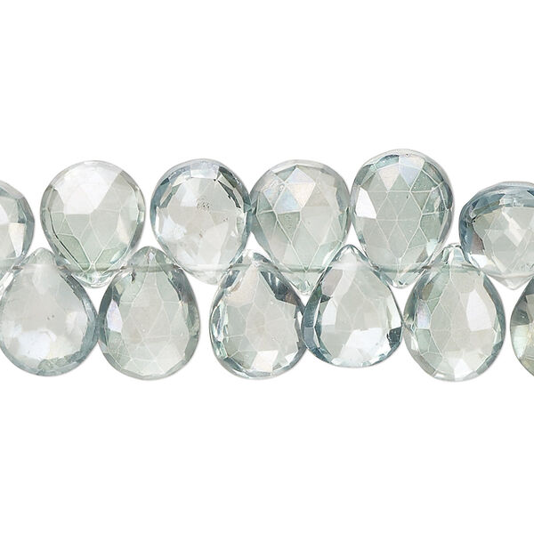 Bead, quartz crystal (coated), teal green, 10x7mm-14x8mm hand-cut top-drilled faceted puffed teardrop, B grade, Mohs hardness 7. Sold per 7-inch strand, approximately 45 beads. image number 0