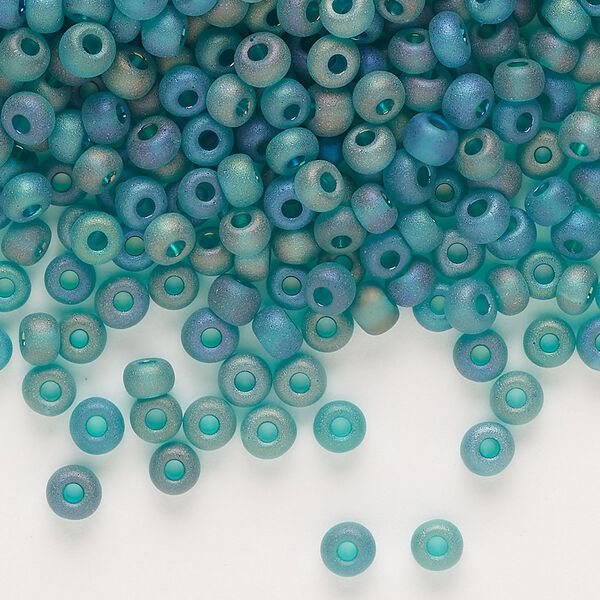 Seed bead, glass, pkg/50g, #6 round, translucent rainbow matte teal. image number 0