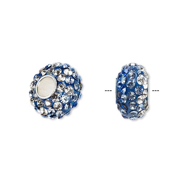 Bead, Dione®, Czech glass rhinestone / epoxy / sterling silver grommets, blue / light blue / clear, 14x8mm rondelle with shaded design, 4.5mm hole. Sold individually. image number 0