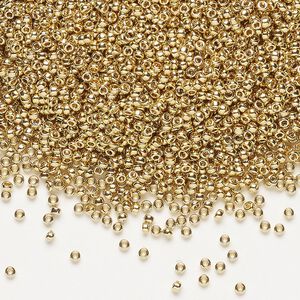 Seed bead, Miyuki, glass, pkg/4g, #15 rocaille, opaque 24Kt gold-plated light, (RR-193).