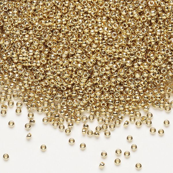 Seed bead, Miyuki, glass, pkg/4g, #15 rocaille, opaque 24Kt gold-plated light, (RR-193). image number 0