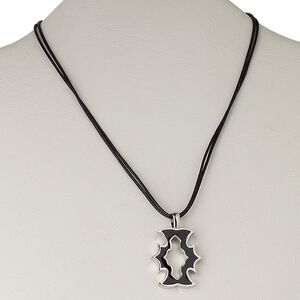 Necklace, 2-strand, silver-plated brass / enamel / waxed cotton cord, black, 40x26mm fancy rectangle, 16 inches with 3-inch extender chain and lobster claw clasp. Sold individually.