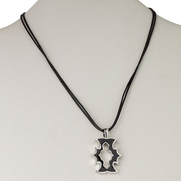 Necklace, 2-strand, silver-plated brass / enamel / waxed cotton cord, black, 40x26mm fancy rectangle, 16 inches with 3-inch extender chain and lobster claw clasp. Sold individually. image number 0