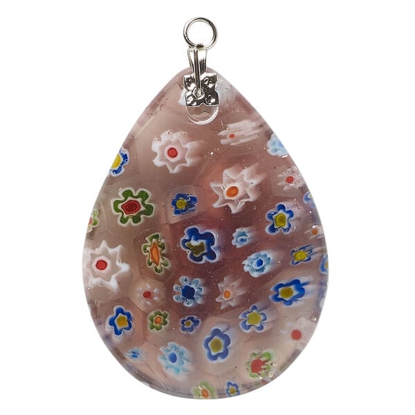 Focal, millefiori glass and silver-finished steel 1pkg1, translucent purple and multicolored, 40x29mm-41x30mm puffed teardrop. image number 0
